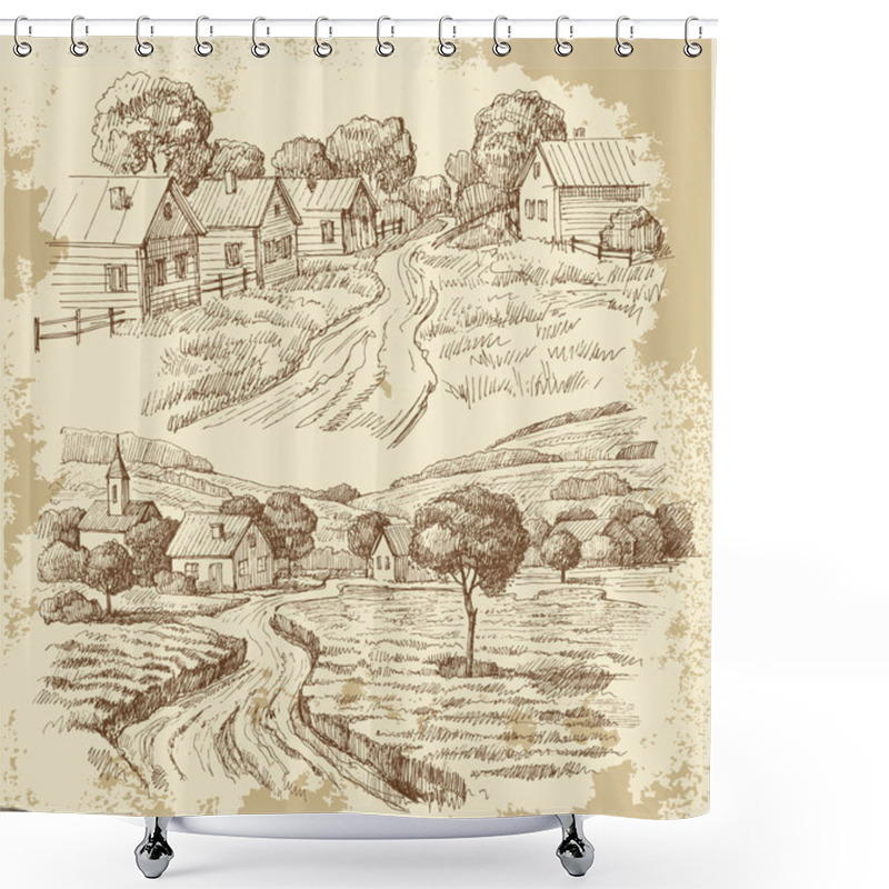 Personality  Village Houses Sketch With Food Shower Curtains