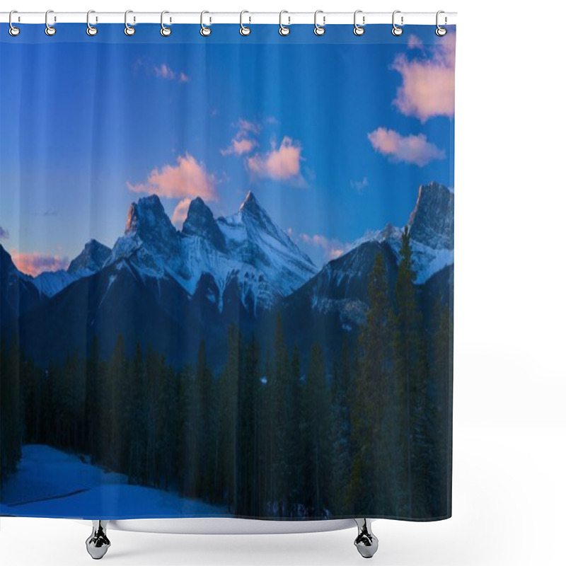 Personality  Three Sisters Mountain Range At Sunrise, Canmore, Alberta, Canada Shower Curtains