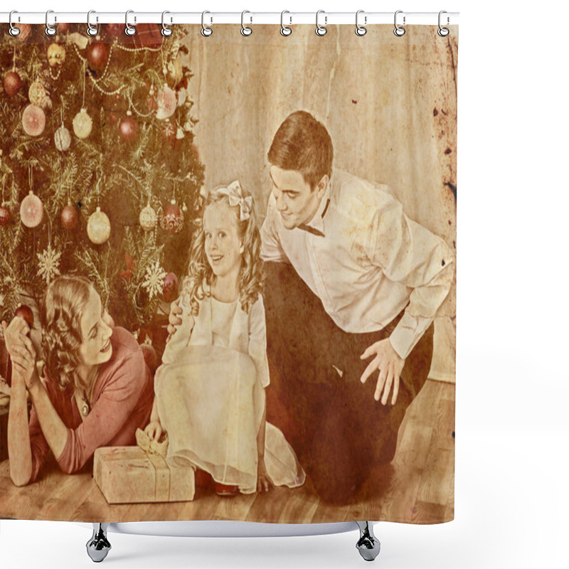 Personality  Nostalgy Christmas Family With Child Girl Dressing Christmas Tree. Shower Curtains