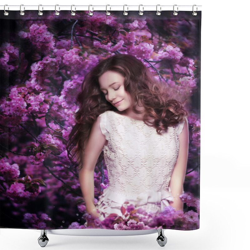 Personality  Pure Beauty. Dreamy Young Woman Among Flowering Trees Shower Curtains