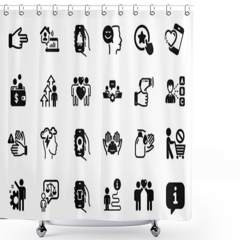 Personality  Vector Set Of People Icons Related To Electronic Thermometer, Dont Touch And Builders Union Icons. Teamwork, Lawyer And Friends Couple Signs. Click Hand, Heart And Work Home. Loyalty Star. Vector Shower Curtains