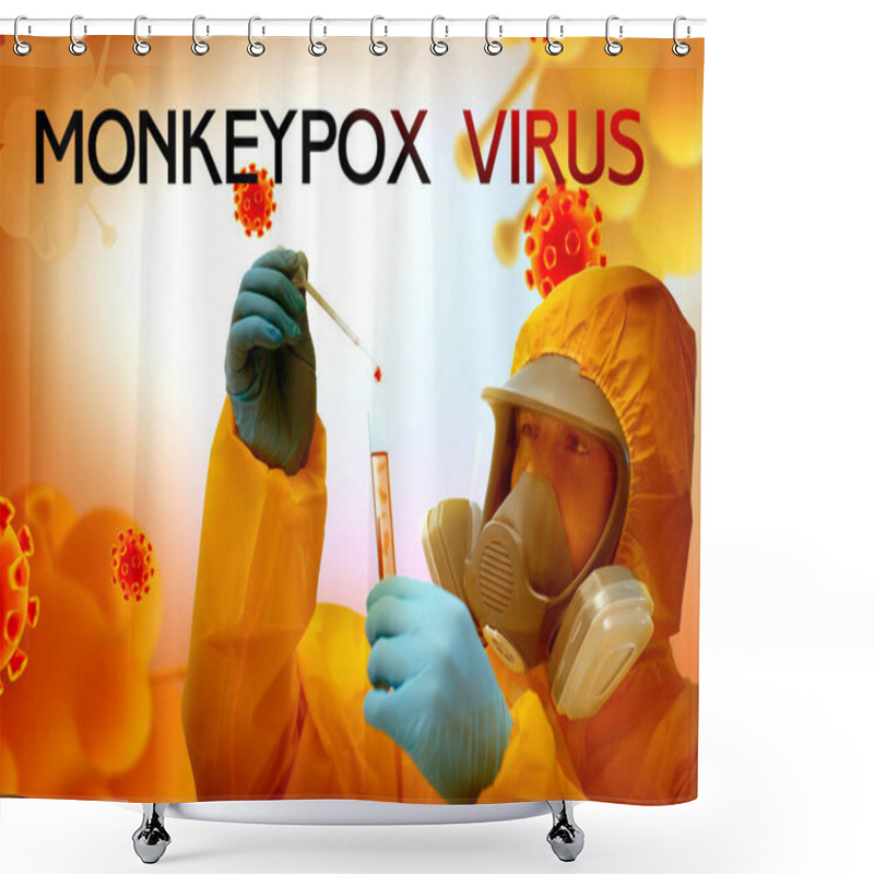 Personality  Monkeypox Virus. Scientist In Chemical Protective Suit With Test Tube Shower Curtains