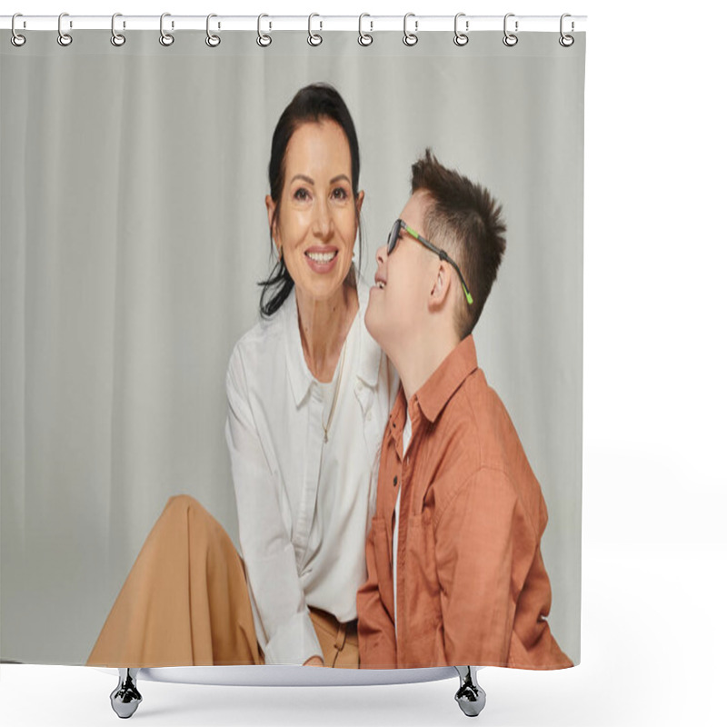 Personality  Middle Aged Woman Smiling Near Joyful Son With Down Syndrome On Grey, Disability Acceptance Shower Curtains