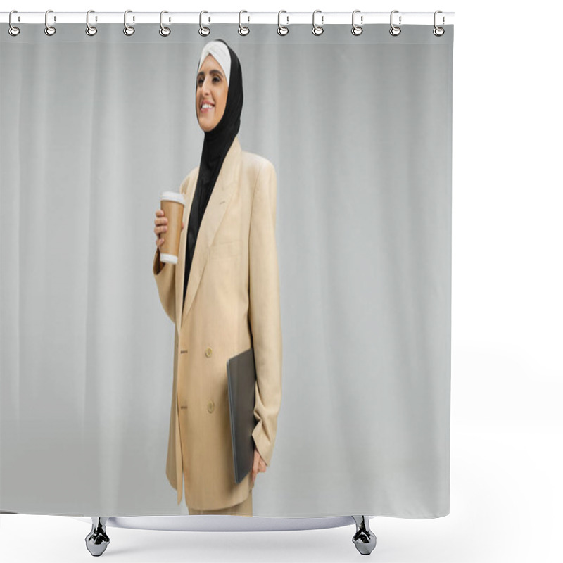 Personality  Progressive And Stylish Muslim Businesswoman With Takeaway Drink And Laptop Smiling On Grey Shower Curtains