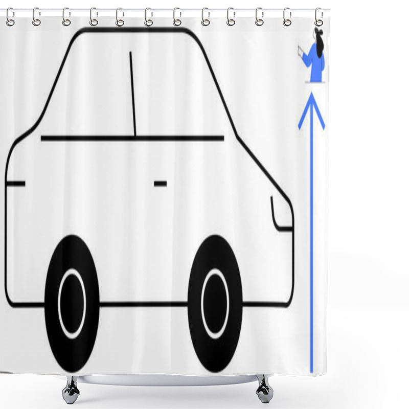 Personality  Black Car With Person Pointing Right And Blue Arrow Curved Upward. Ideal For Navigation, Transportation, Travel, Movement, Automotive Themes. Simple Lines, Clean Design, Vector Style Shower Curtains