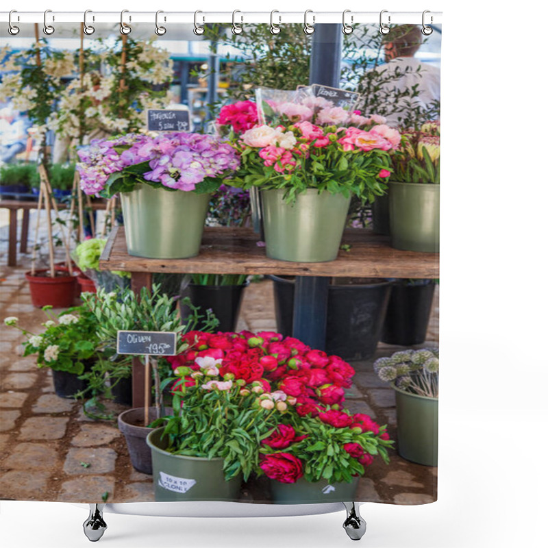 Personality  Close Up View Of Hortensia And Peonies In Buckets On Market Place Shower Curtains