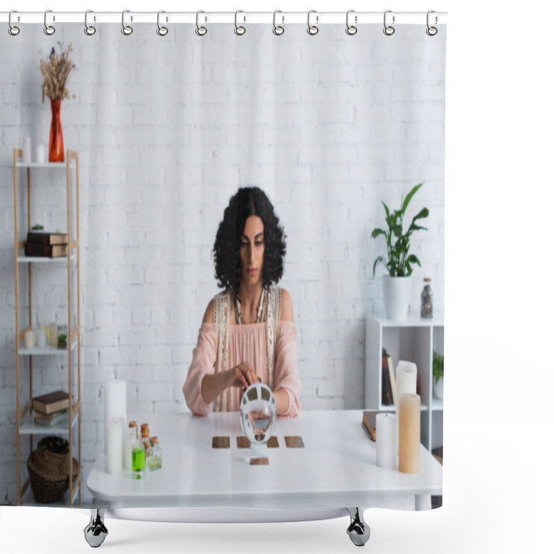 Personality  Brunette Astrologist Near Magic Sphere And Tarot Cards During Spiritual Session At Home Shower Curtains