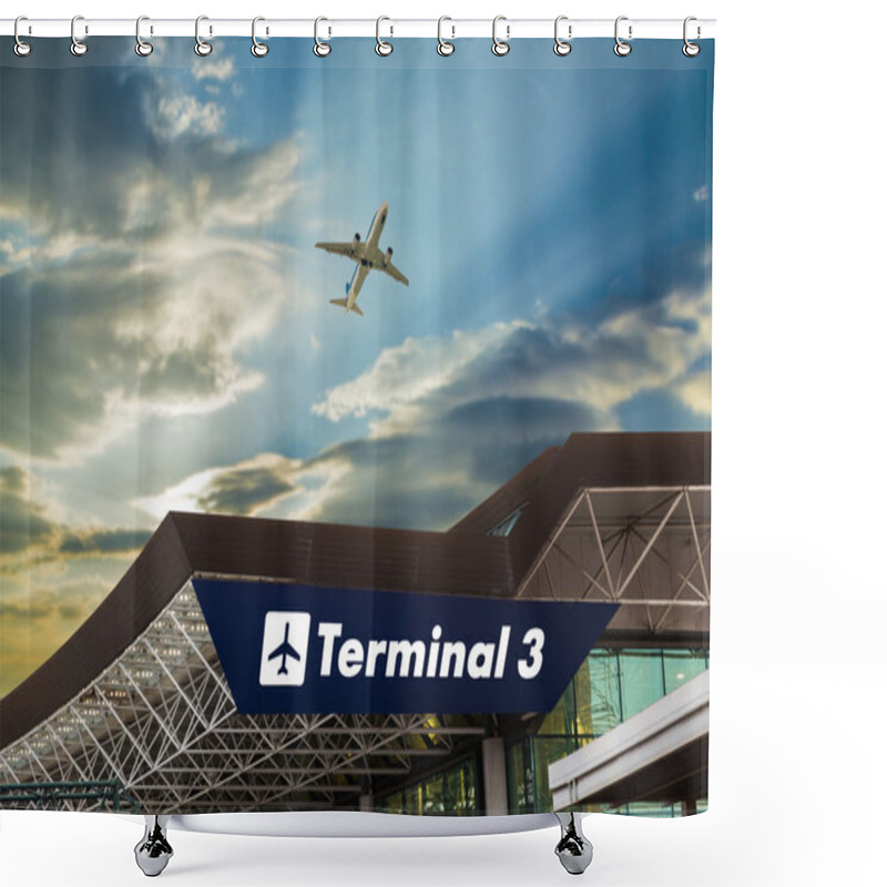 Personality  Airport At Sunset With An Airplane Taking Off Shower Curtains