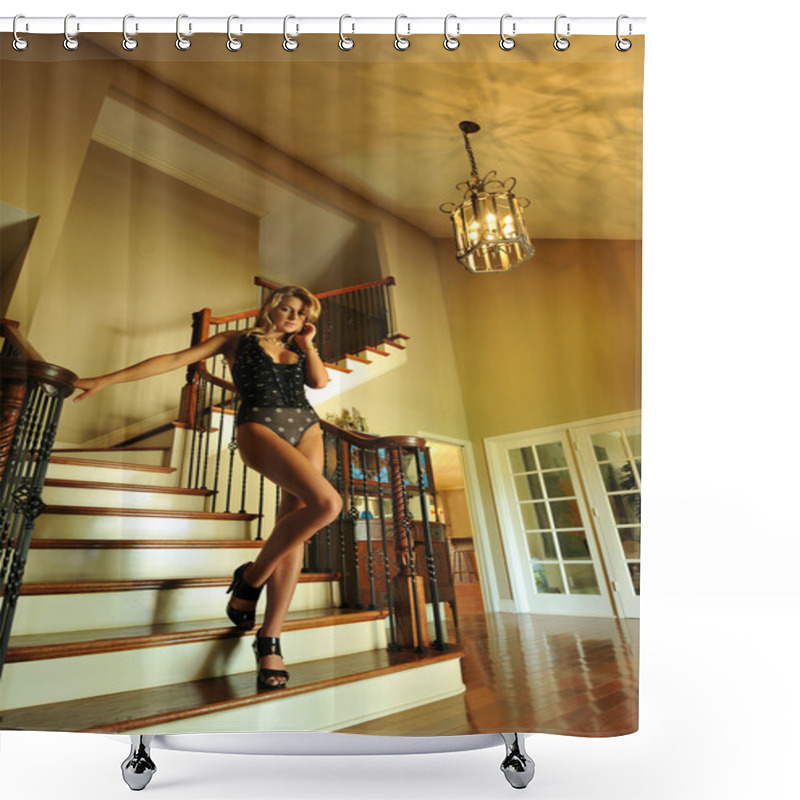 Personality  Glamor Blond Girl Posing Pretty At Old Fashioned House Interior Staircase Wearing Designers Lingerie And Custom Jewelery Shower Curtains