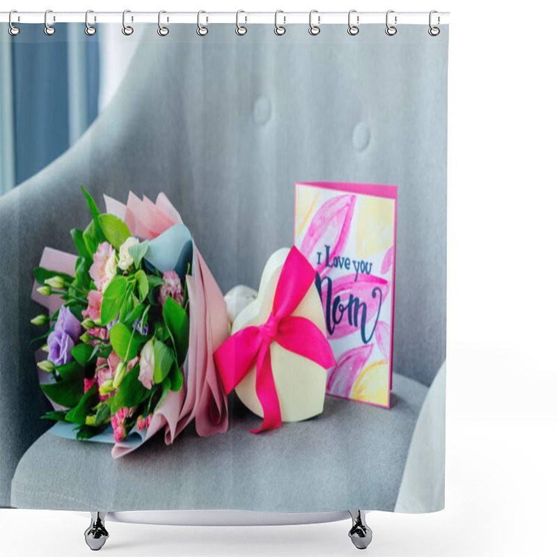 Personality  Close Up View Of Wrapped Bouquet Of Flowers, Heart Shaped Gift And I Love You Mom Postcard On Armchair, Mothers Day Concept Shower Curtains