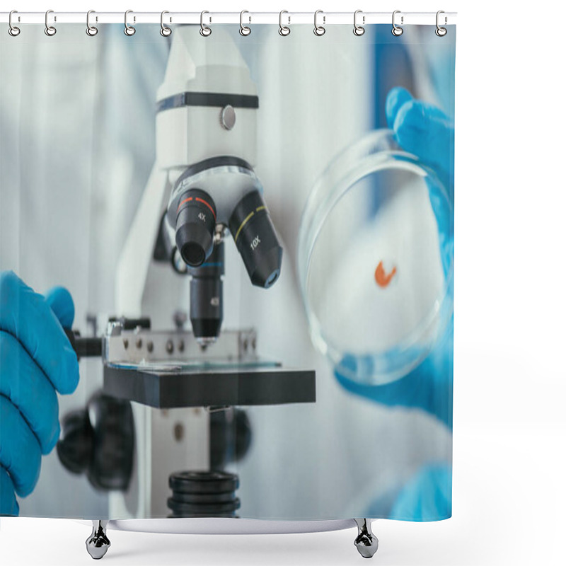 Personality  Partial View Of Biochemist Holding Petri Dish With Biomaterial Near Microscope Shower Curtains