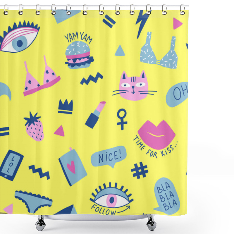 Personality  Seamless Pattern With Hand Phrases And Symbols For Teenage Girls. Shower Curtains