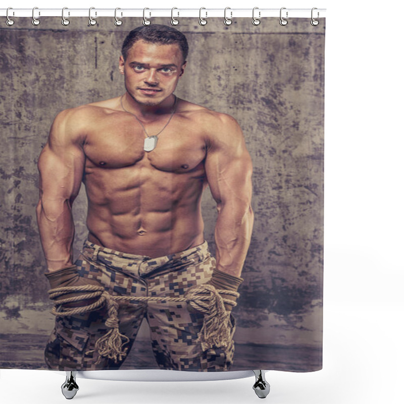 Personality  Strong Athletic Man With Naked Body In Military Pants Shower Curtains