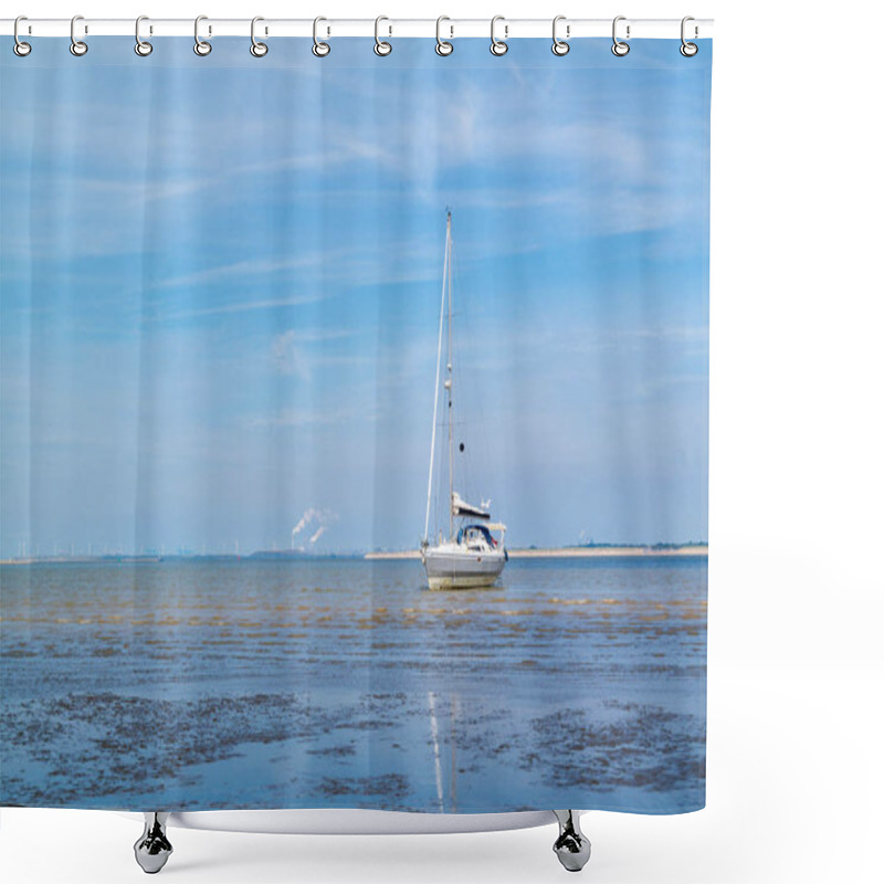 Personality  Sailboat Aground On Sandflat At Low Tide Near Rotterdam, Netherl Shower Curtains