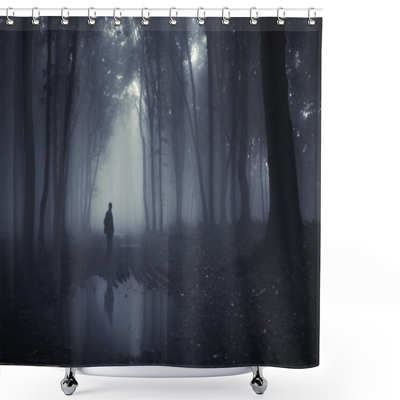 Personality  Man On Edge Of Lake In A Dark Forest With Fog Shower Curtains