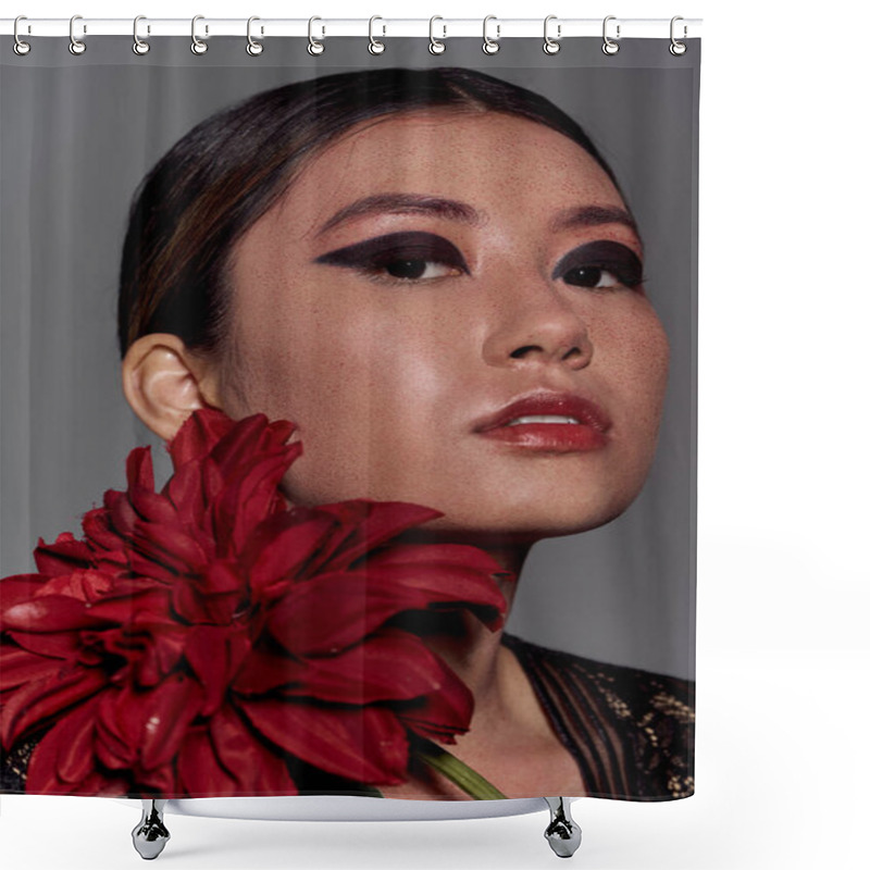 Personality  Stylish Asian Woman With Red Flower, Gazing Off-camera. Shower Curtains