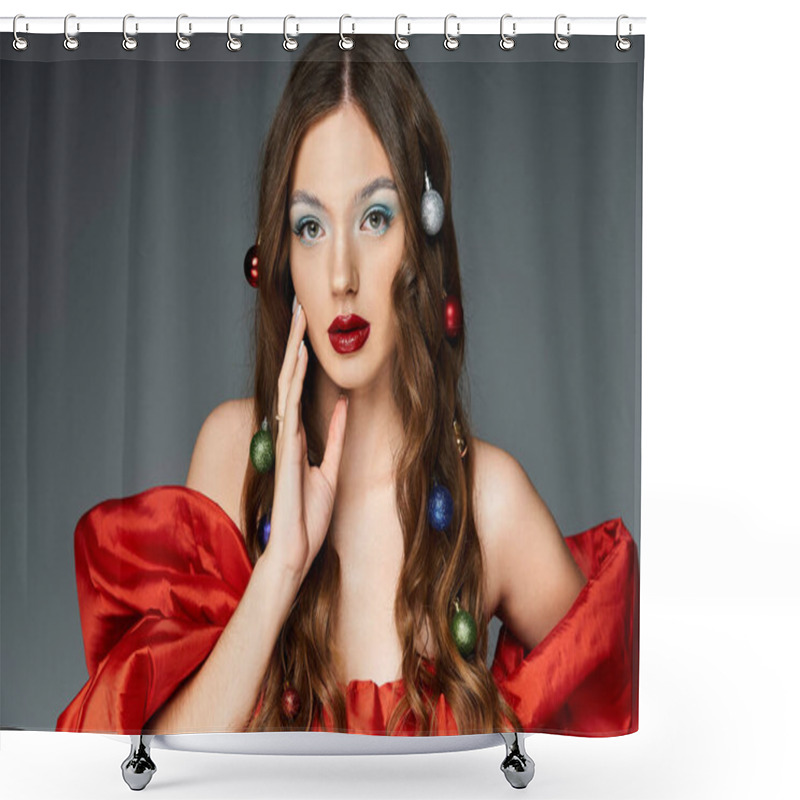 Personality  A Young Woman With Striking Makeup Exudes Festive Charm Adorned With Colorful Ornaments. Shower Curtains