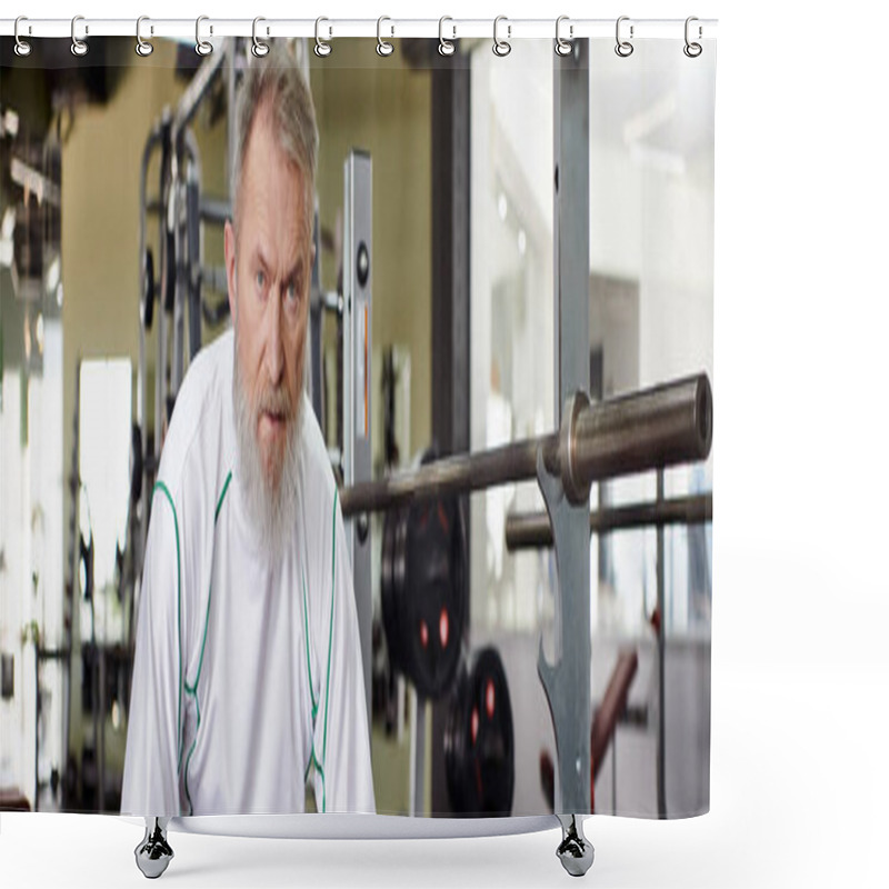 Personality  Tired Elderly Man With Beard Looking At Camera After Workout, Exercise Machine In Gym, Banner Shower Curtains