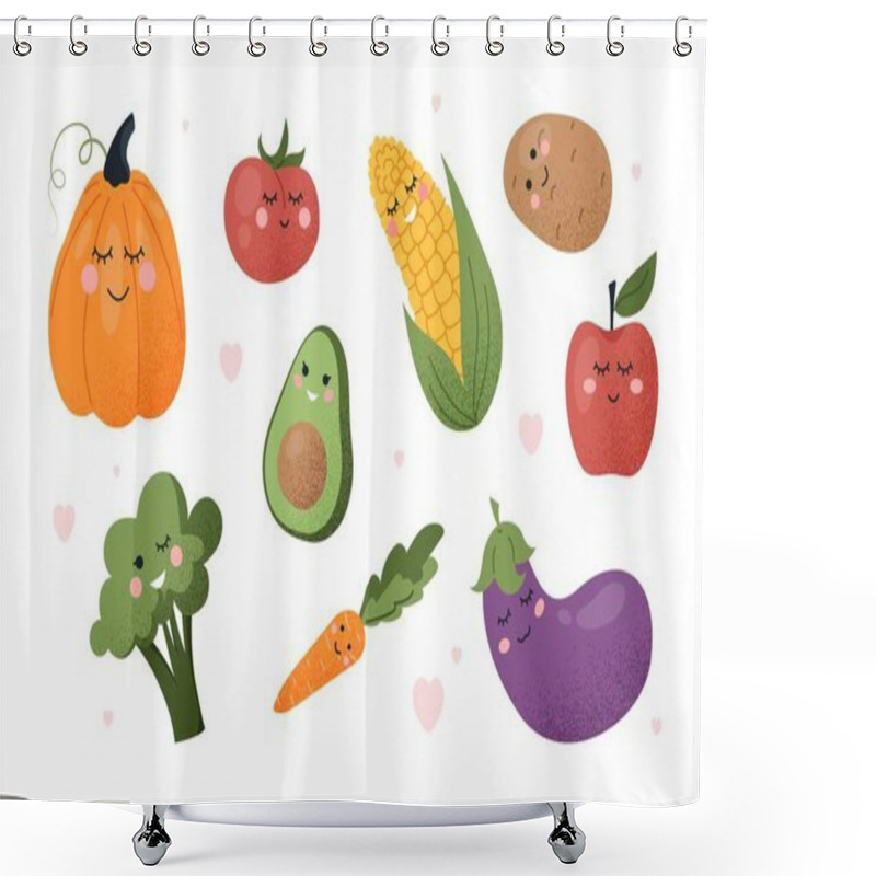 Personality  Cute Vegetables Set. Collection Of Natural And Organic Products. Avocado, Broccoli, Carrot, Potato And Tomato. Apple And Pumpkin. Cartoon Flat Vector Illustrations Isolated On White Background Shower Curtains