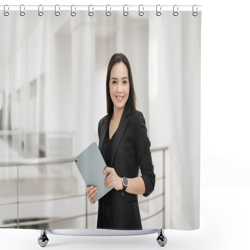 Personality  Portrait Stock Photo Of A Confident Cheerful Asian Businesswoman Professional In Black Business Suit Using A Digital Tablet Standing In The Office Building Representing Business Oriented Concept Shower Curtains