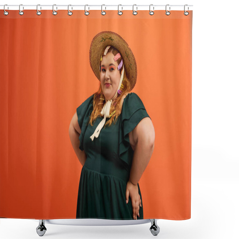 Personality  A Beautiful Plus Size Woman Poses Playfully, Highlighting Her Unique Style With Stylish Adornments. Shower Curtains