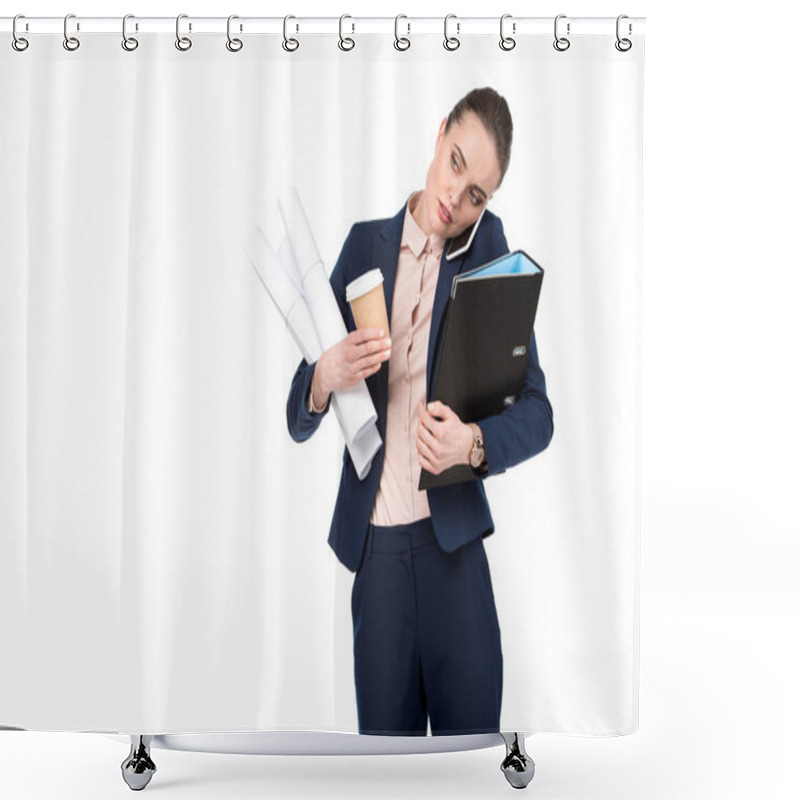 Personality  Adult Businesswoman With Lot Of Paperwork And Coffee To Go Talking By Phone Isolated On White Shower Curtains