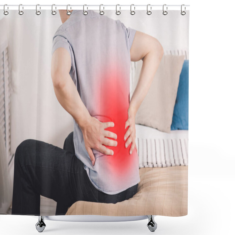 Personality  Back Pain, Kidney Inflammation, Man Suffering From Backache At Home, Painful Area Highlighted In Red Shower Curtains