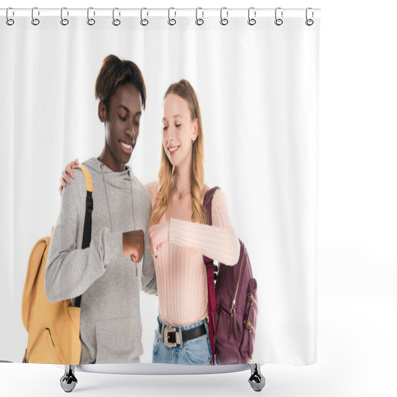 Personality  Smiling Teenager With Backpack Doing Fists Bump With African American Friend Isolated On White Shower Curtains