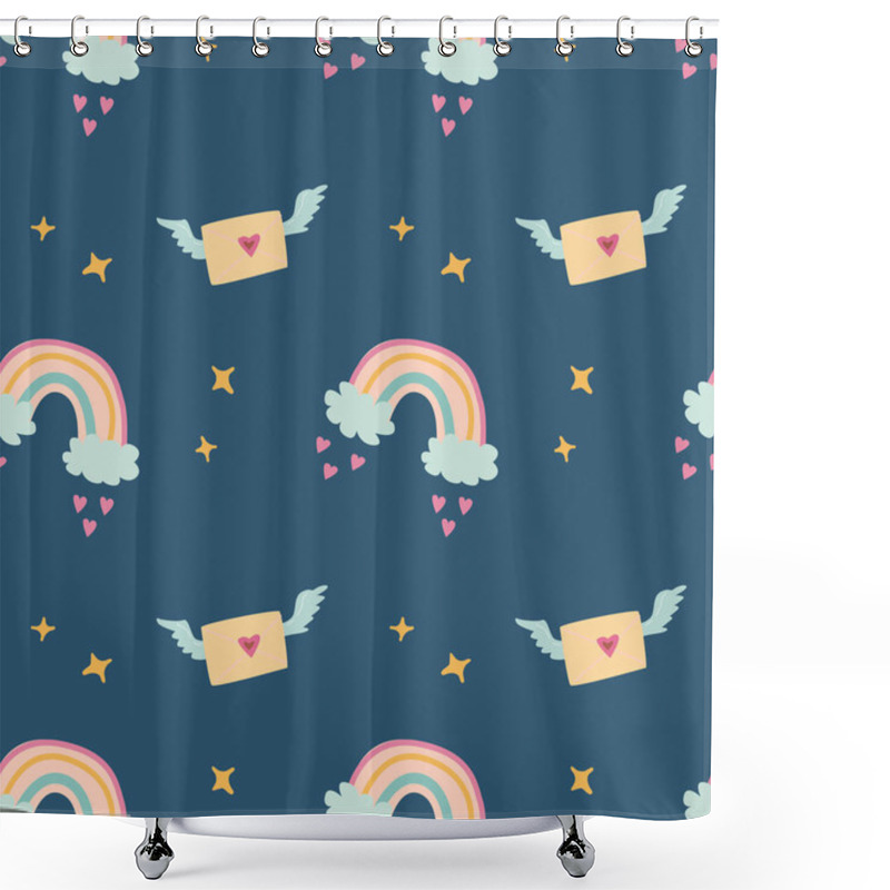 Personality  Whimsical Pattern With Winged Envelopes, Rainbows, And Stars On Dark Background. Shower Curtains