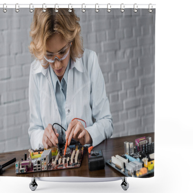 Personality  Concentrated Female Computer Engineer With Tester Examining Motherboard Shower Curtains