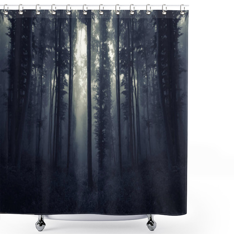 Personality  Mysterious Dark Forest With Trees In Fog Shower Curtains