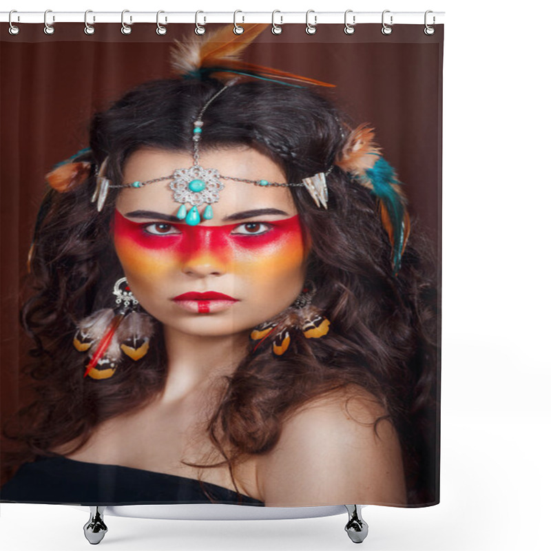 Personality  Beautiful Squaw In Ethnic Jewelry . Close Up Portrait. Native American Costume. Portrait Of A Woman With A Painted Face. Creative Makeup And Bright Style. Shower Curtains