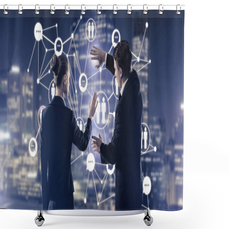 Personality  Businessman And Businesswoman Standing With Back And Touching Connection Concept Shower Curtains