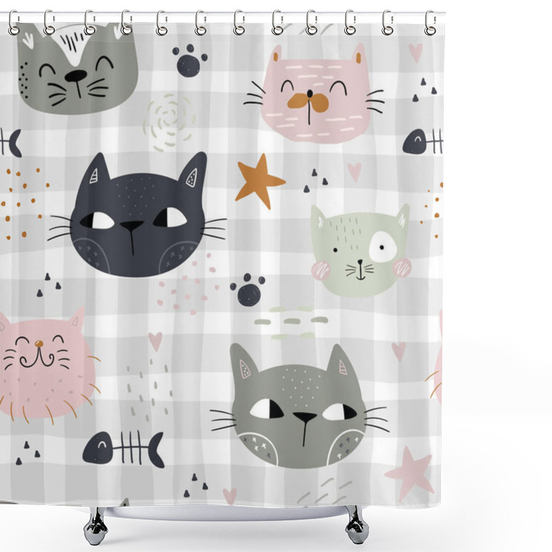 Personality  Seamless Childish Pattern With Cute Cats. Creative Kids Hand Drawn Texture For Fabric, Wrapping, Textile, Wallpaper, Apparel. Vector Illustration. Shower Curtains