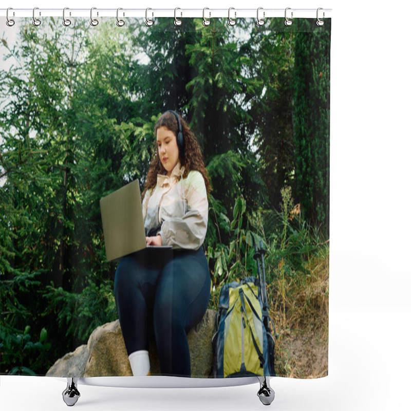 Personality  A Plus Size Woman Works On Her Laptop In A Lush Forest, Surrounded By Nature. Shower Curtains