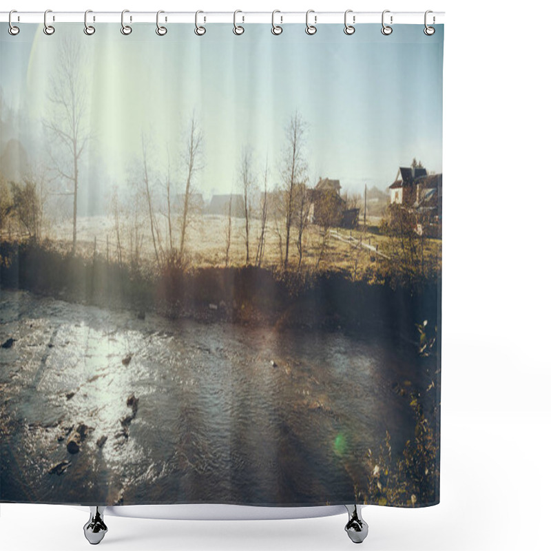 Personality  Scenic Shot Of River In Vorokhta Town On Sunny Morning, Carpathians, Ukraine Shower Curtains