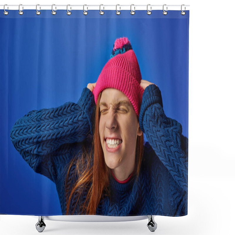 Personality  Young Man Expresses Intense Emotions While Holding His Head, Dressed In A Vibrant Sweater And Hat. Shower Curtains