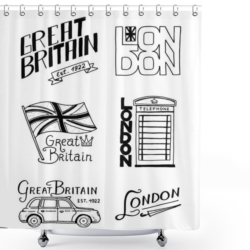 Personality  British Logo, Symbols, Badges Or Stamps, Emblems, Architectural Landmarks, Flag Of The United Kingdom. Country England Label. Phone Booth, London And The Gentlemen. Engraved, Hand Drawn Vintage Style. Shower Curtains