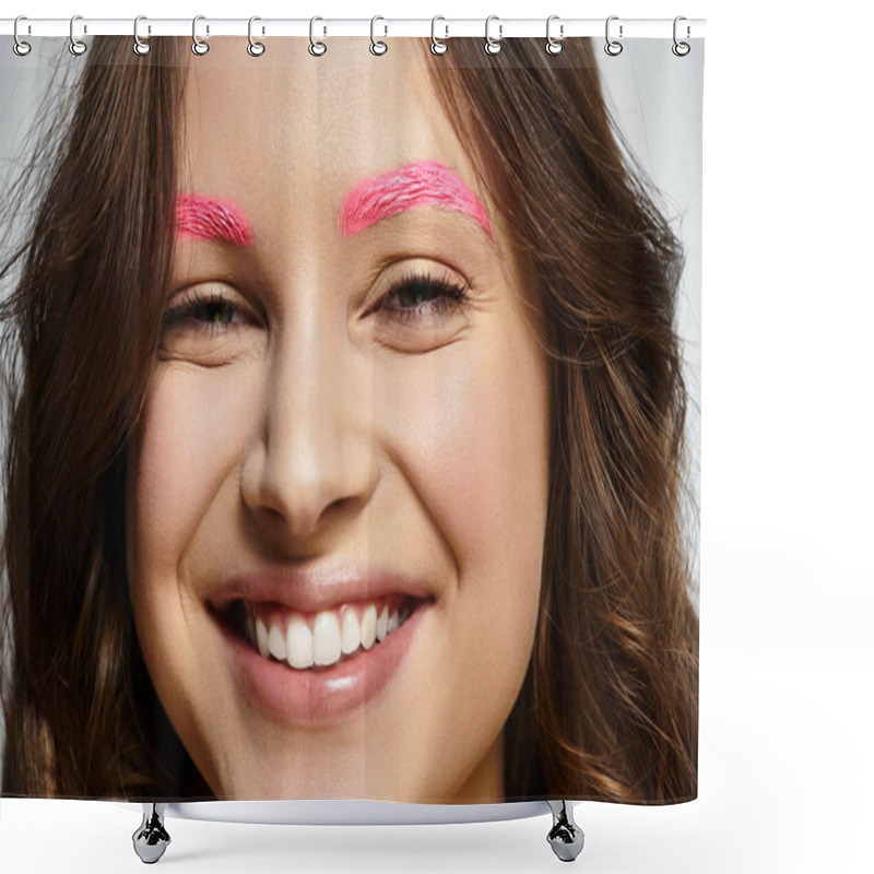 Personality  Young Woman Showcases Her Striking Pink Eyebrows And Confident Style Against A Grey Backdrop. Shower Curtains