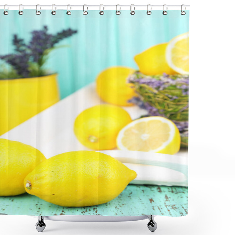 Personality  Still Life With Fresh Lemons And Lavender On Blue Background Shower Curtains