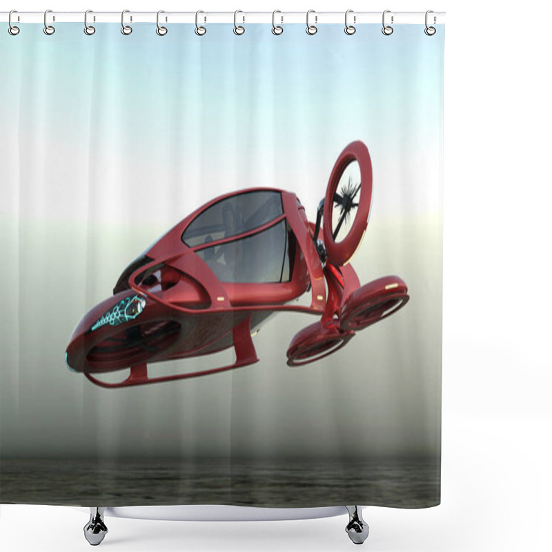 Personality  Transport Of The Future. The Red Car Is Flying Above The Ground, Against The Background Of A Foggy Horizon, The Concept Of A Flying Car Is Possible . Side View.A 3D Illustration. Shower Curtains