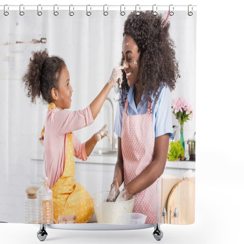 Personality  African American Mother And Daughter Having Fun While Making Dough On Kitchen Shower Curtains