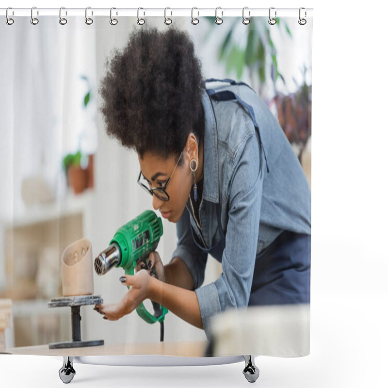 Personality  African American Craftswoman In Apron Drying Ceramic Sculpture In Workshop  Shower Curtains