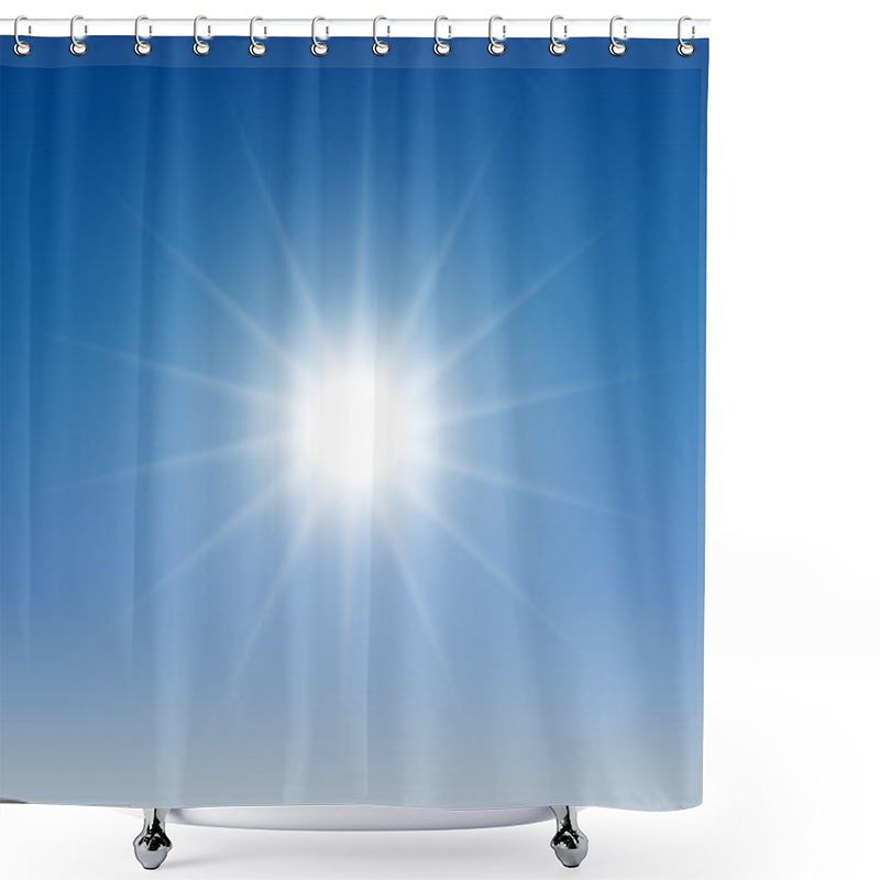 Personality  White Glowing Light Burst Sun On Blue Sky Background Shower Curtains