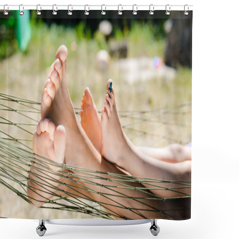 Personality  Closeup Of Happy Father And Child Lying Barefoot On Hammock Shower Curtains