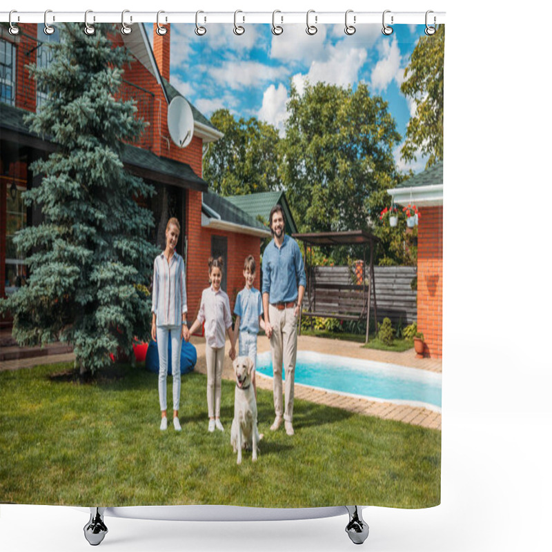 Personality  Happy Family With Labrador Dog Looking At Camera While Holding Hands On Backyard Of Country House On Summer Day Shower Curtains