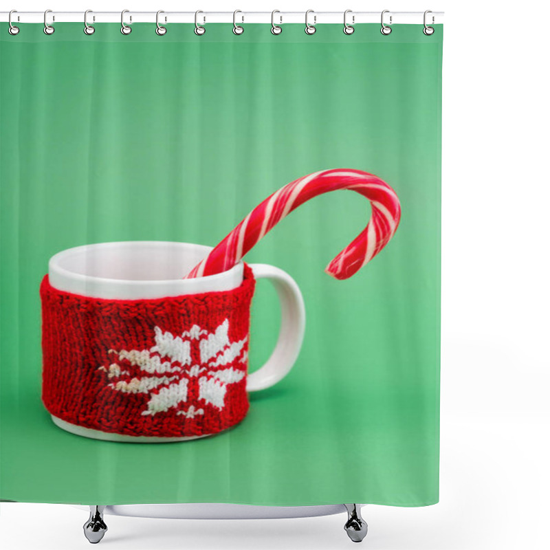 Personality  Candy Cane In Cup With Knitted Cup Holder With Snowflake On Green Background Shower Curtains