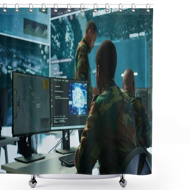 Personality  Programming Engineer Soldier Handles AI Brain And Deep Learning Data On Computer In Command Post, Coordinates National Defense Operations. Neural Network Artificial Intelligence Science. Camera B. Shower Curtains