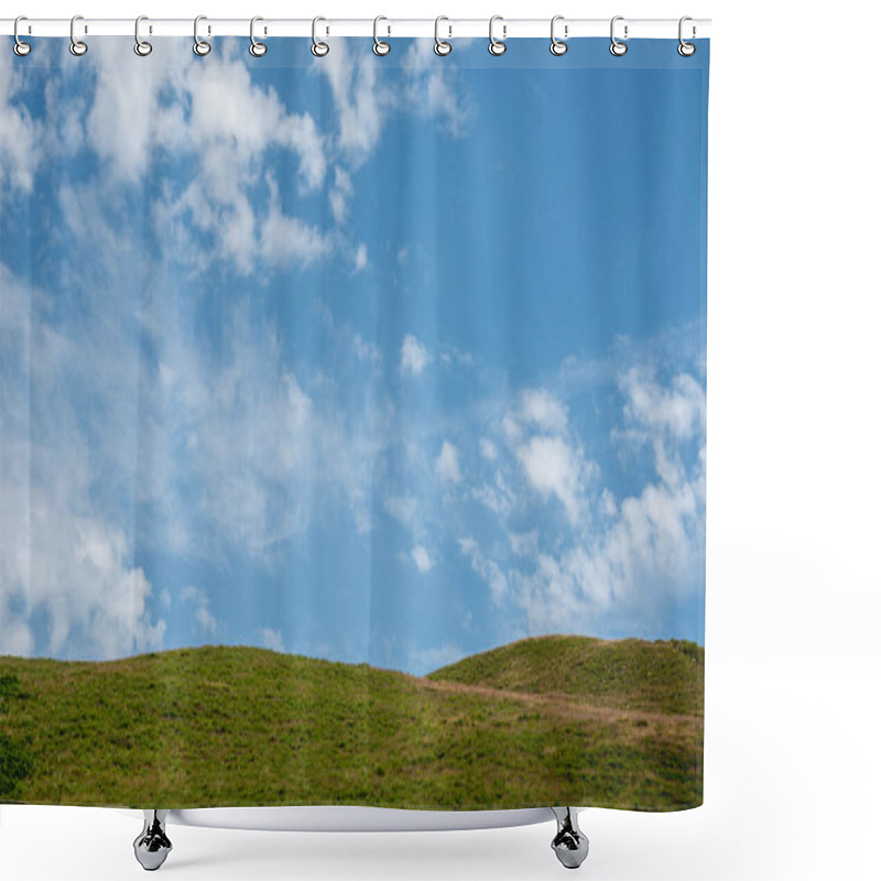 Personality  Meadow Green Field And Blue Cloudy Sky. Nature Backgound. With Copy Space Shower Curtains