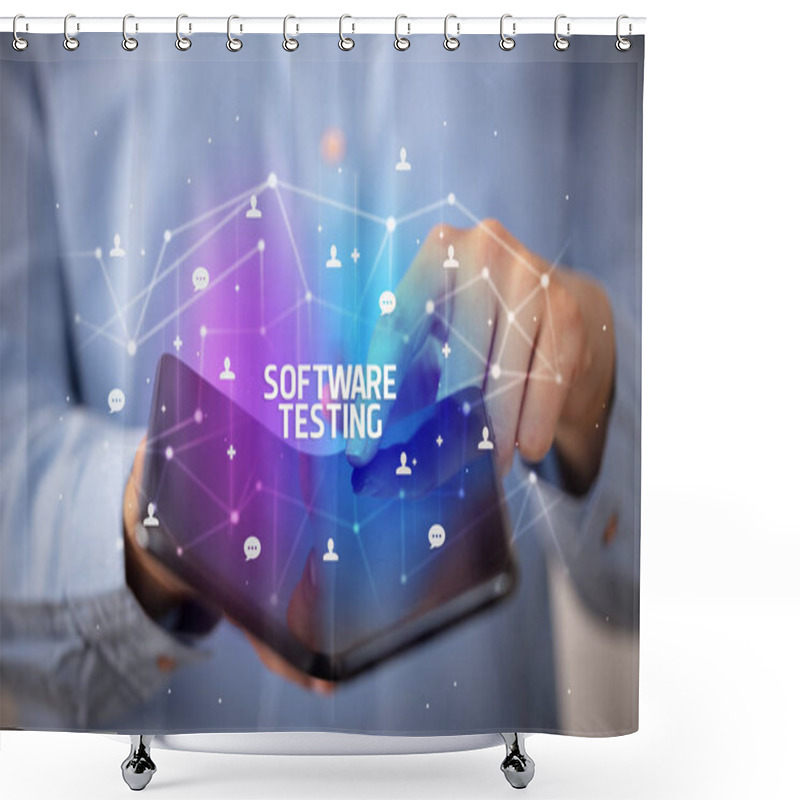 Personality  Businessman Holding A Foldable Smartphone, New Technology Concept Shower Curtains